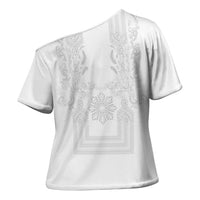Philippines Barong Style Cross Shoulder Shirt with Polynesian Art and Leaf Motif White Color