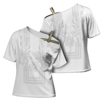 Philippines Barong Style Cross Shoulder Shirt with Polynesian Art and Leaf Motif White Color