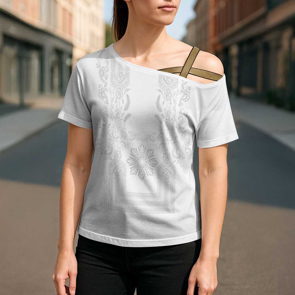 Philippines Barong Style Cross Shoulder Shirt with Polynesian Art and Leaf Motif White Color