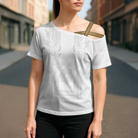 Philippines Barong Style Cross Shoulder Shirt with Polynesian Art and Leaf Motif White Color