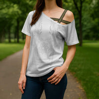 Philippines Barong Style Cross Shoulder Shirt with Polynesian Art and Leaf Motif White Color