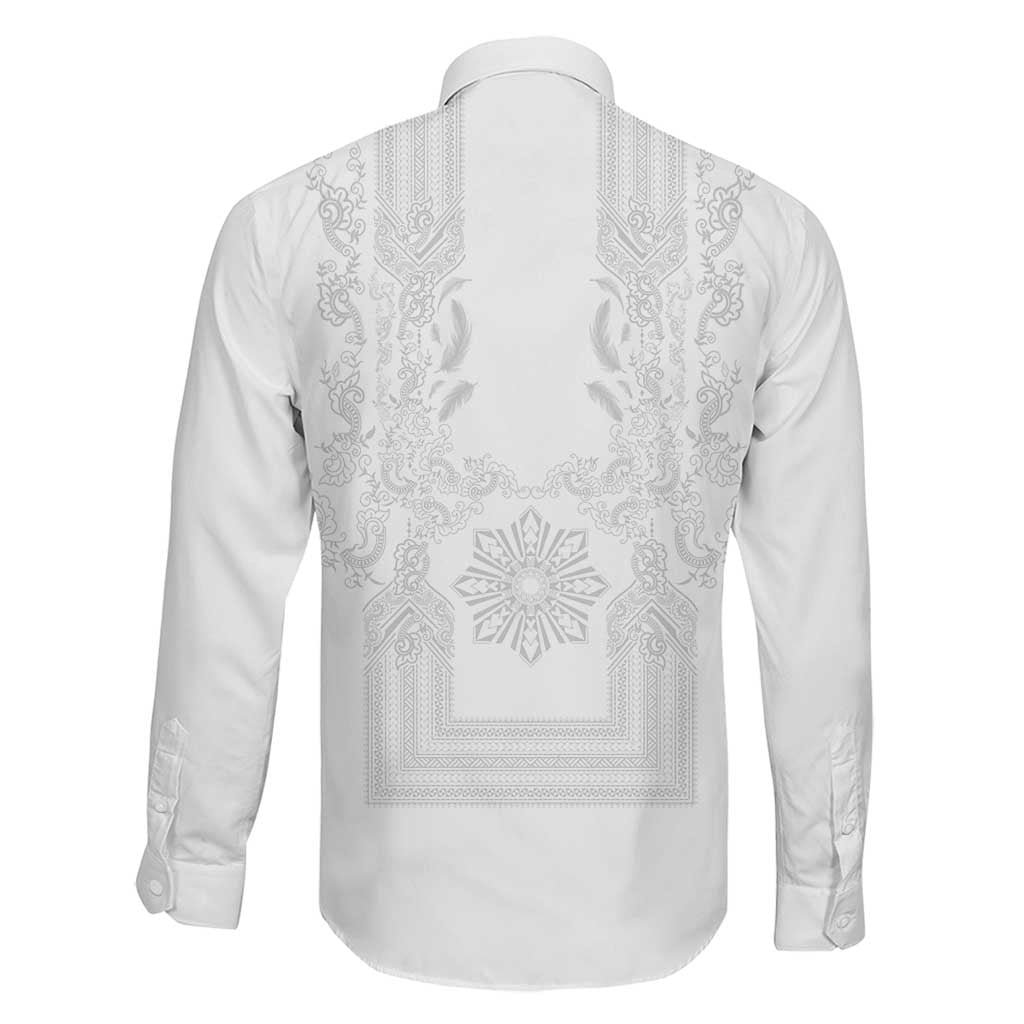 Philippines Barong Style Family Matching Long Sleeve Bodycon Dress and Hawaiian Shirt with Polynesian Art and Leaf Motif White Color