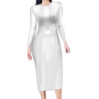 Philippines Barong Style Family Matching Long Sleeve Bodycon Dress and Hawaiian Shirt with Polynesian Art and Leaf Motif White Color
