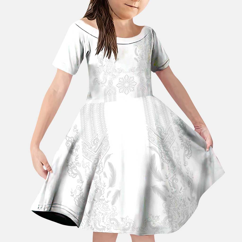 Philippines Barong Style Family Matching Mermaid Dress and Hawaiian Shirt with Polynesian Art and Leaf Motif White Color