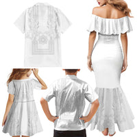 Philippines Barong Style Family Matching Mermaid Dress and Hawaiian Shirt with Polynesian Art and Leaf Motif White Color