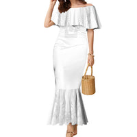 Philippines Barong Style Family Matching Mermaid Dress and Hawaiian Shirt with Polynesian Art and Leaf Motif White Color