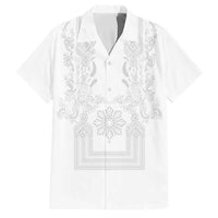 Philippines Barong Style Family Matching Off The Shoulder Long Sleeve Dress and Hawaiian Shirt with Polynesian Art and Leaf Motif White Color