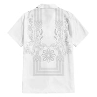 Philippines Barong Style Family Matching Off The Shoulder Long Sleeve Dress and Hawaiian Shirt with Polynesian Art and Leaf Motif White Color