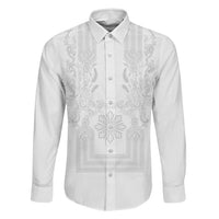 Philippines Barong Style Family Matching Off The Shoulder Long Sleeve Dress and Hawaiian Shirt with Polynesian Art and Leaf Motif White Color