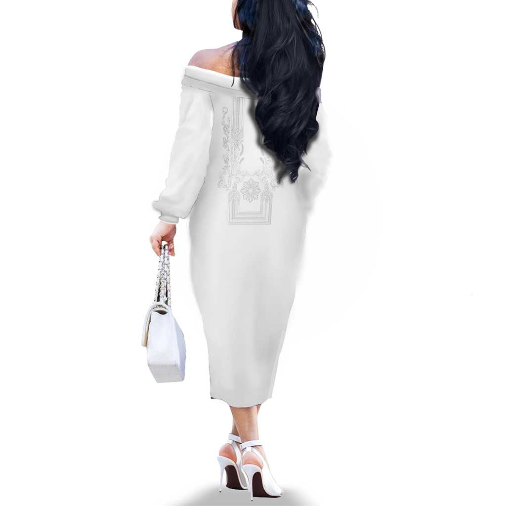 Philippines Barong Style Family Matching Off The Shoulder Long Sleeve Dress and Hawaiian Shirt with Polynesian Art and Leaf Motif White Color