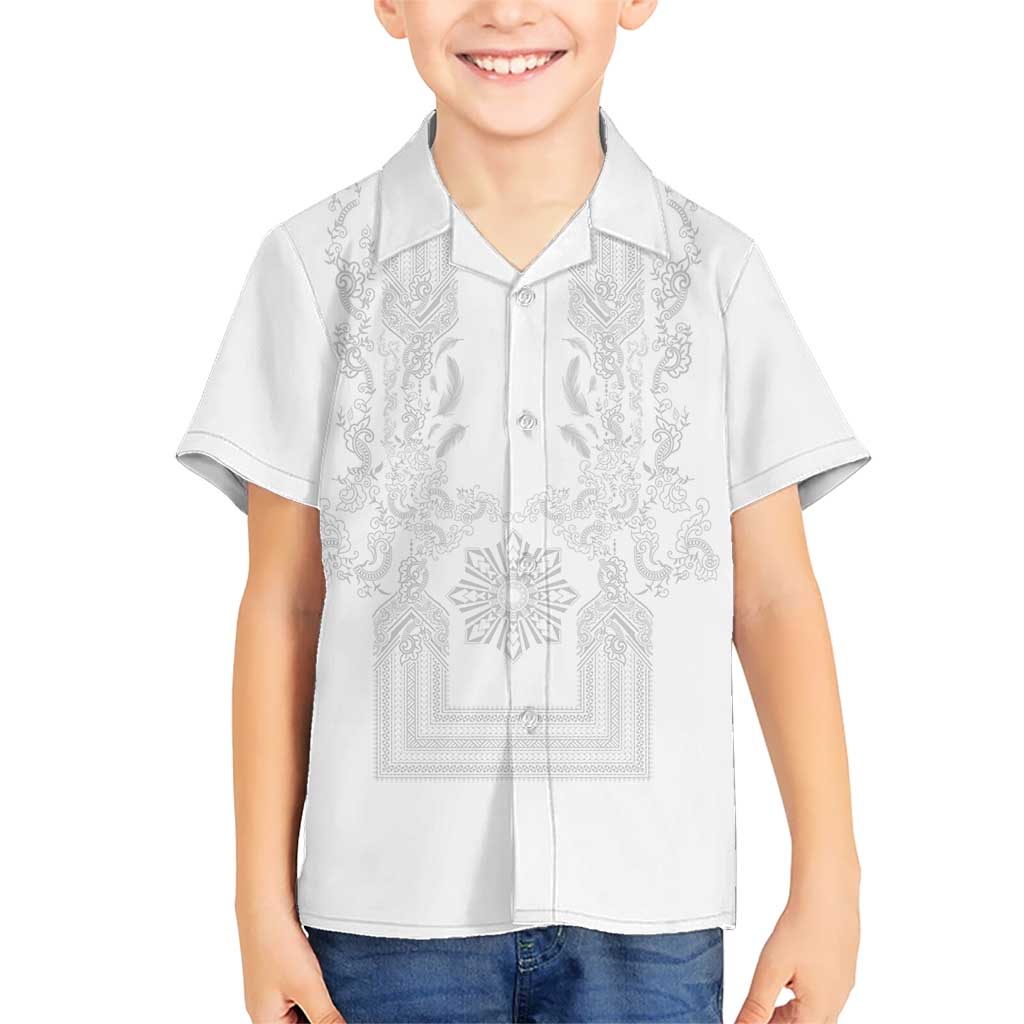 Philippines Barong Style Family Matching Off The Shoulder Long Sleeve Dress and Hawaiian Shirt with Polynesian Art and Leaf Motif White Color