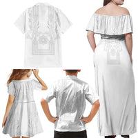 Philippines Barong Style Family Matching Off Shoulder Maxi Dress and Hawaiian Shirt with Polynesian Art and Leaf Motif White Color