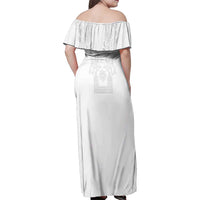 Philippines Barong Style Family Matching Off Shoulder Maxi Dress and Hawaiian Shirt with Polynesian Art and Leaf Motif White Color