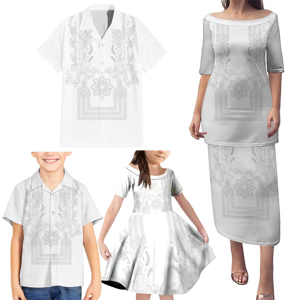 Philippines Barong Style Family Matching Puletasi and Hawaiian Shirt with Polynesian Art and Leaf Motif White Color LT03 - Polynesian Pride