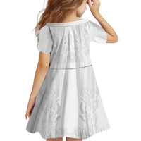 Philippines Barong Style Family Matching Short Sleeve Bodycon Dress and Hawaiian Shirt with Polynesian Art and Leaf Motif White Color
