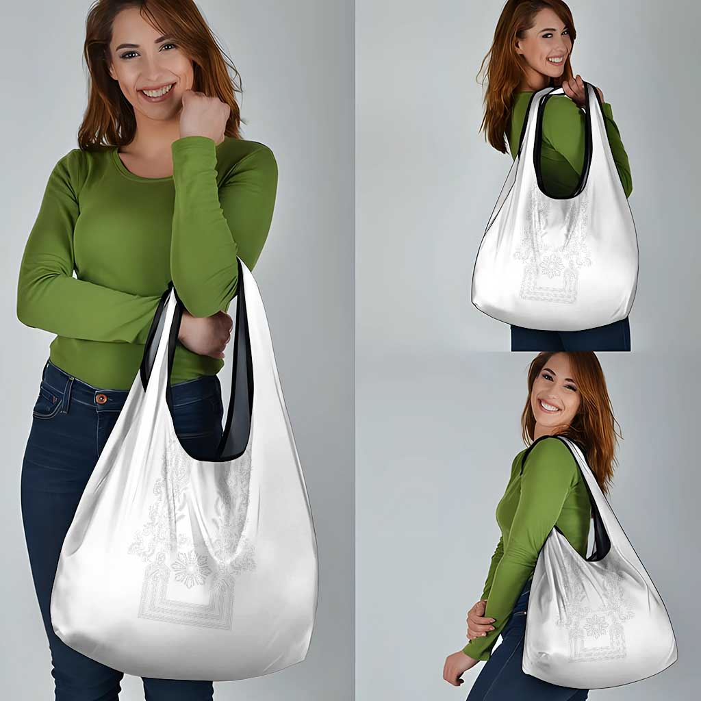 Philippines Barong Style Grocery Bag with Polynesian Art and Leaf Motif White Color