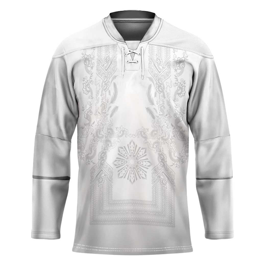 Philippines Barong Style Hockey Jersey with Polynesian Art and Leaf Motif White Color LT03 Unisex White - Polynesian Pride