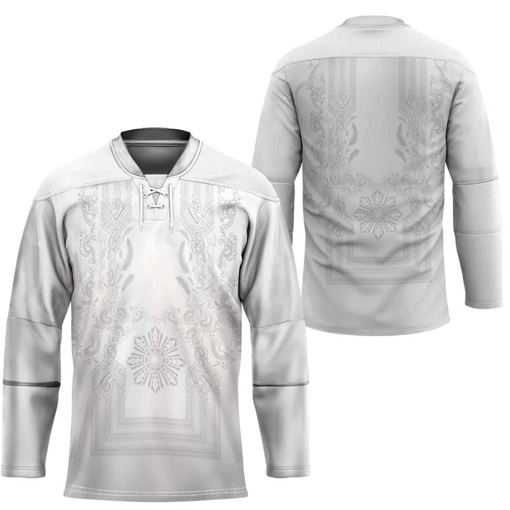 Philippines Barong Style Hockey Jersey with Polynesian Art and Leaf Motif White Color LT03 - Polynesian Pride