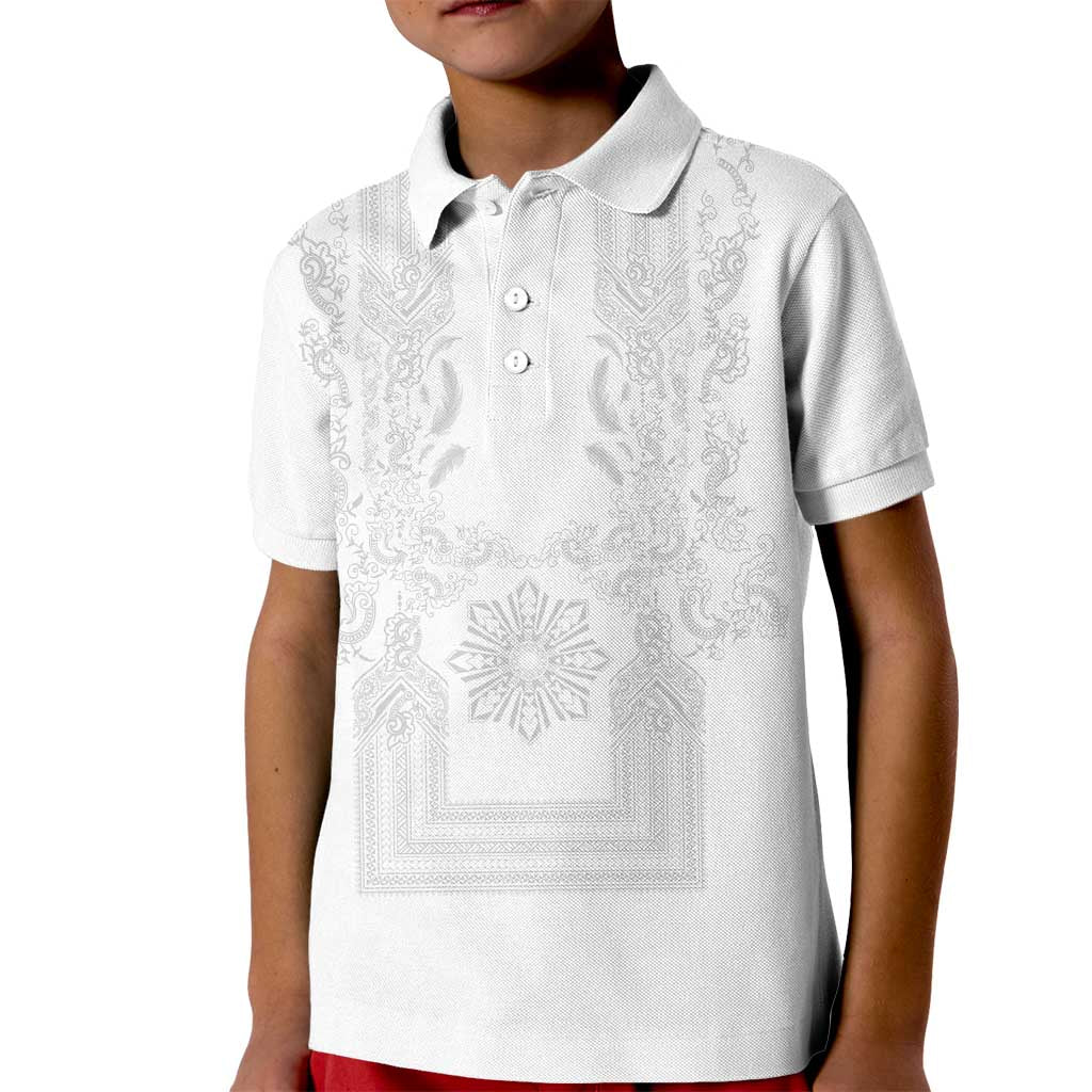 Philippines Barong Style Kid Polo Shirt with Polynesian Art and Leaf Motif White Color LT03 Kid White - Polynesian Pride