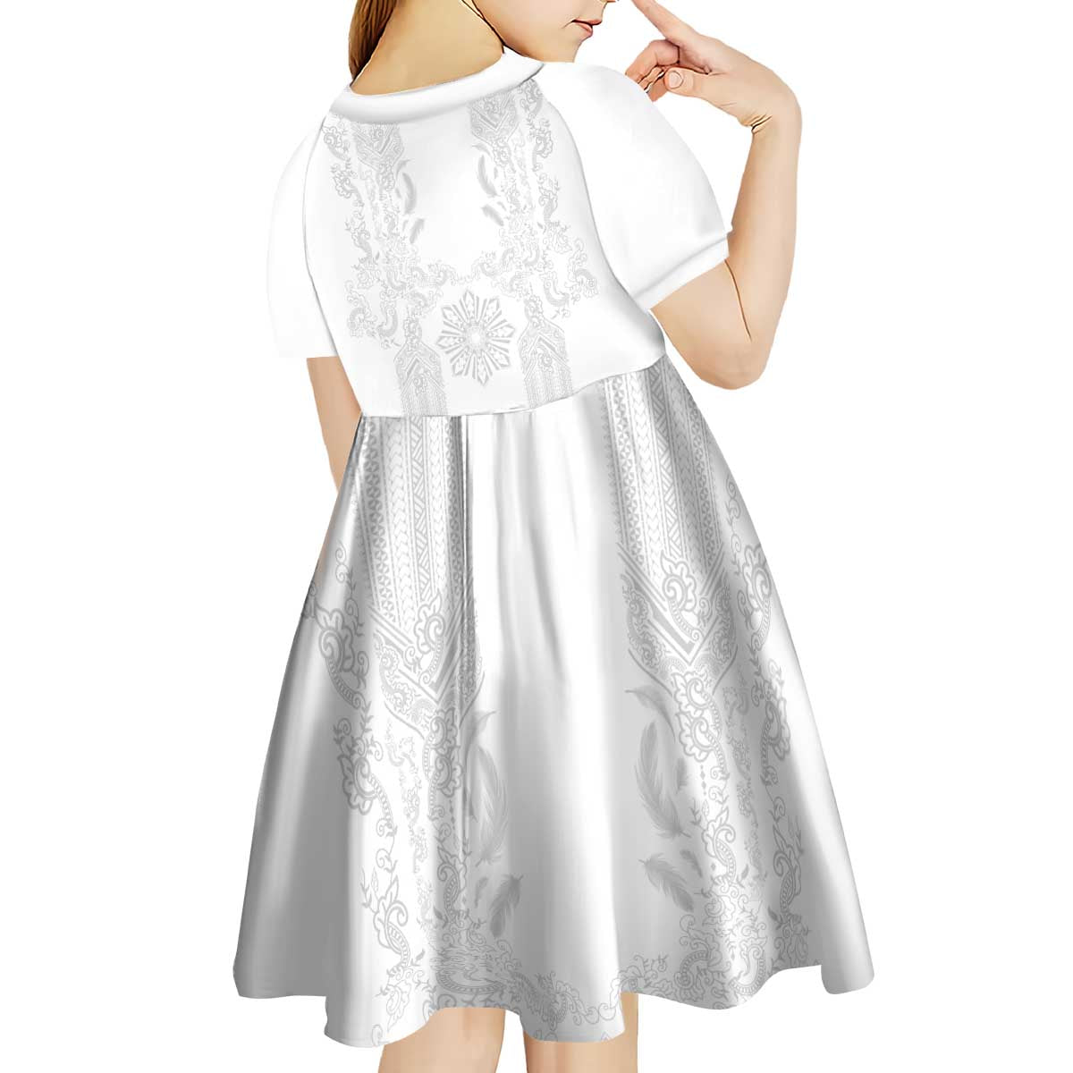 Philippines Barong Style Kid Short Sleeve Dress with Polynesian Art and Leaf Motif White Color LT03 - Polynesian Pride