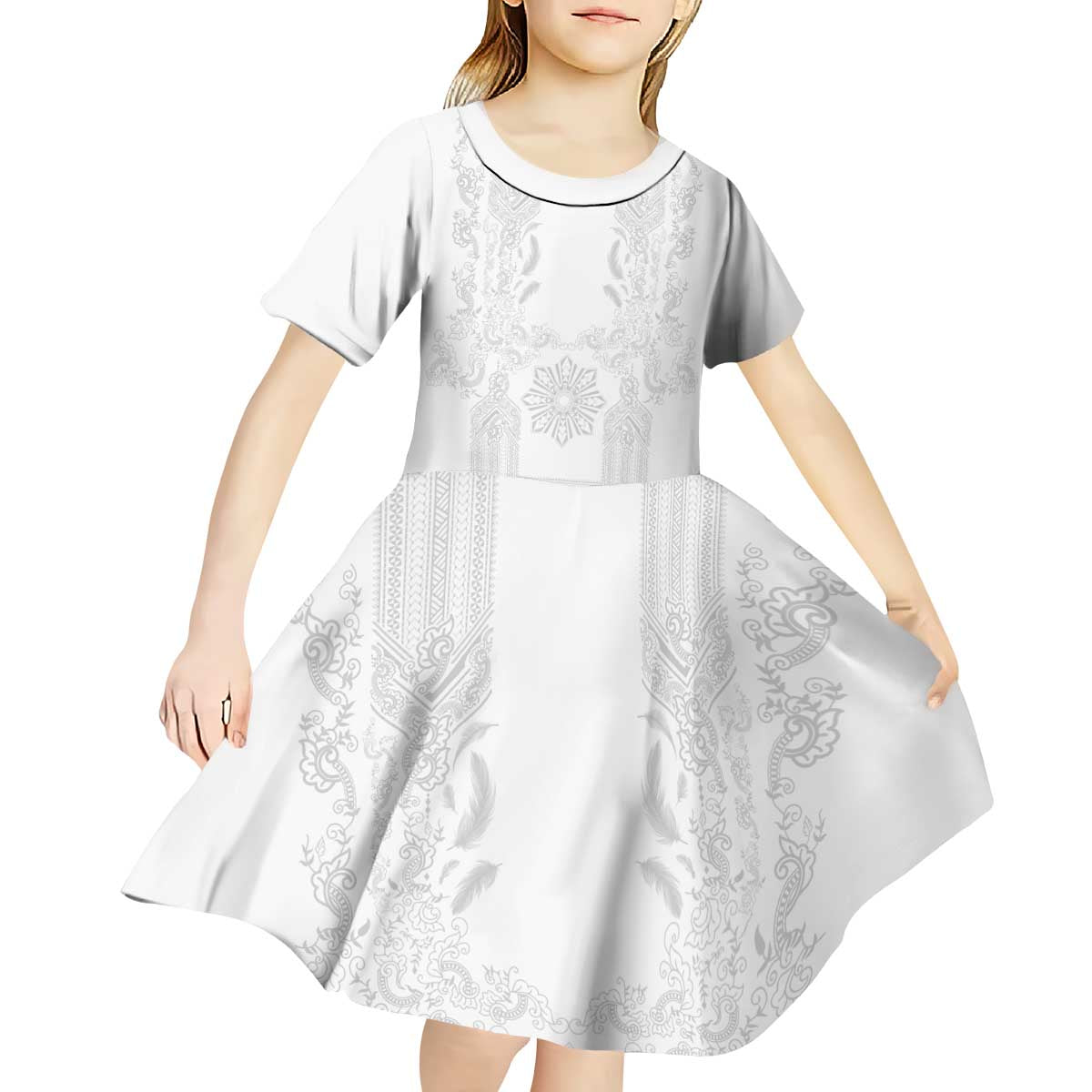 Philippines Barong Style Kid Short Sleeve Dress with Polynesian Art and Leaf Motif White Color LT03 - Polynesian Pride