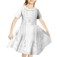 Philippines Barong Style Kid Short Sleeve Dress with Polynesian Art and Leaf Motif White Color LT03 - Polynesian Pride