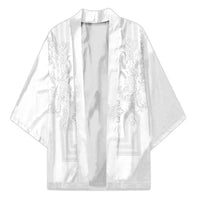 Philippines Barong Style Kimono with Polynesian Art and Leaf Motif White Color