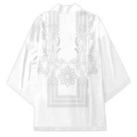 Philippines Barong Style Kimono with Polynesian Art and Leaf Motif White Color