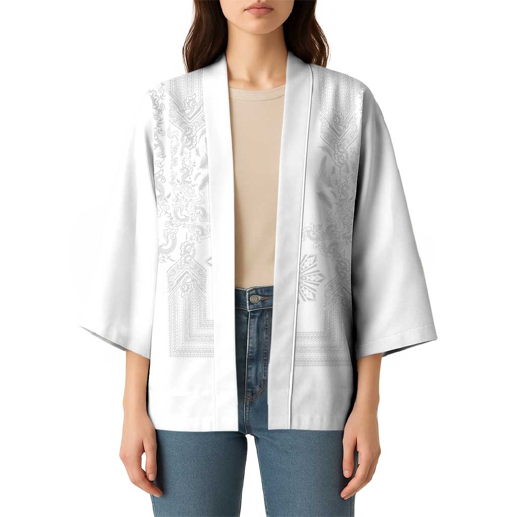 Philippines Barong Style Kimono with Polynesian Art and Leaf Motif White Color