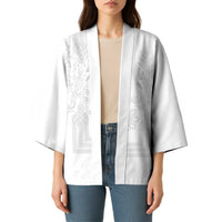 Philippines Barong Style Kimono with Polynesian Art and Leaf Motif White Color