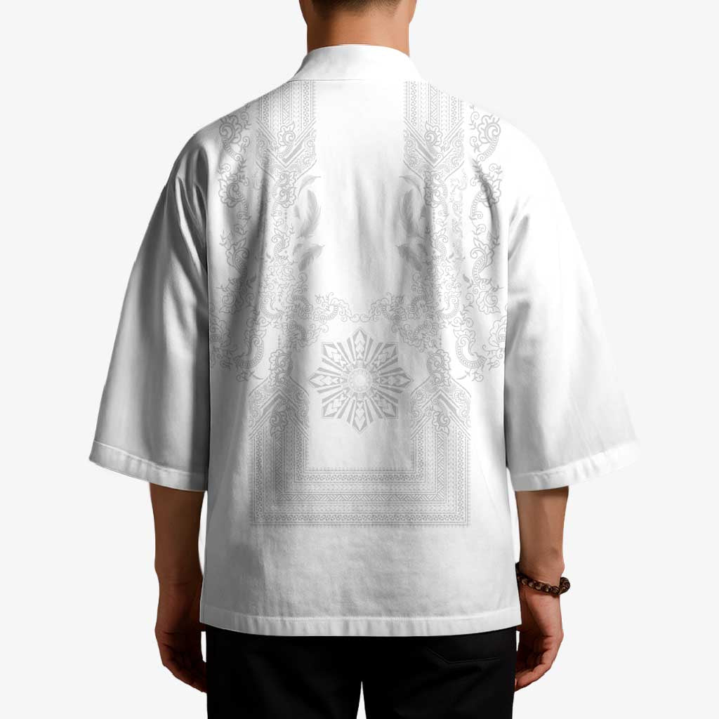Philippines Barong Style Kimono with Polynesian Art and Leaf Motif White Color