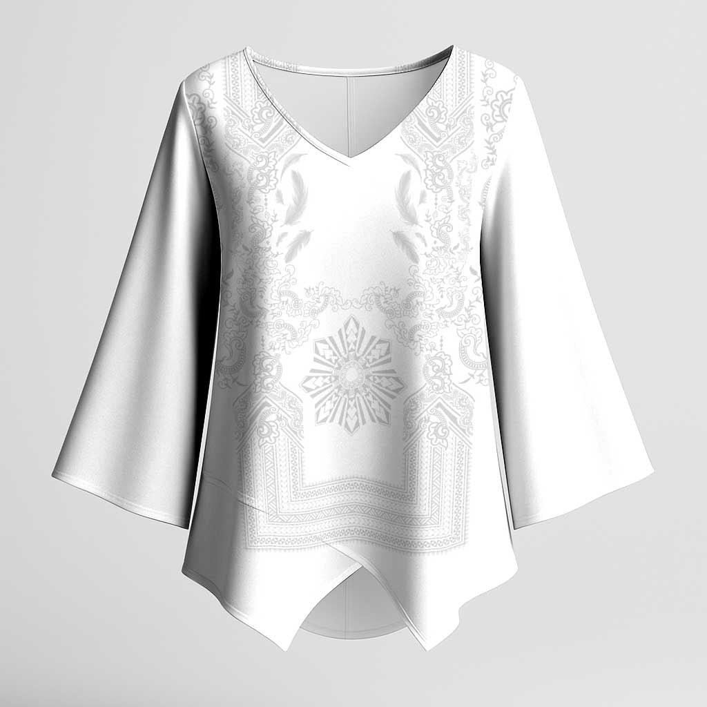 Philippines Barong Style Kimono Sleeve Blouse with Polynesian Art and Leaf Motif White Color LT03 Female White - Polynesian Pride