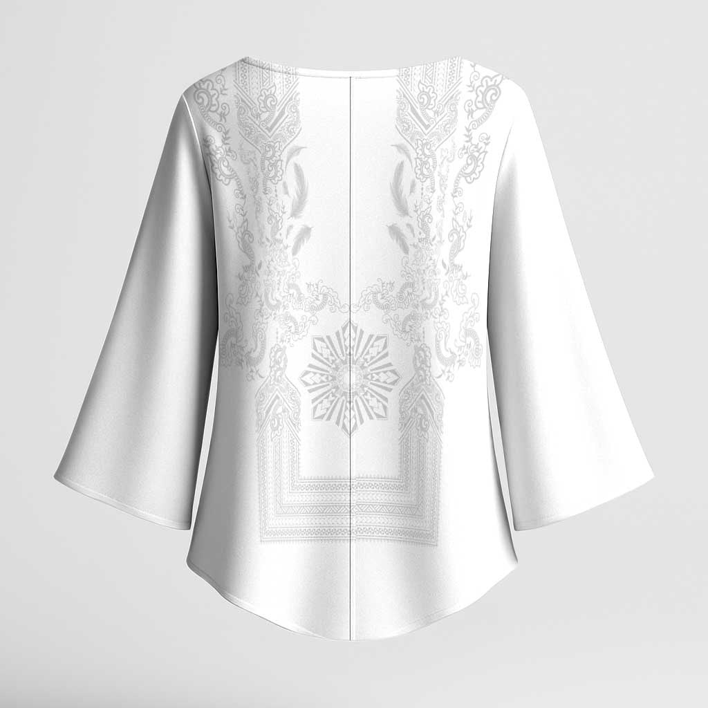 Philippines Barong Style Kimono Sleeve Blouse with Polynesian Art and Leaf Motif White Color LT03 - Polynesian Pride