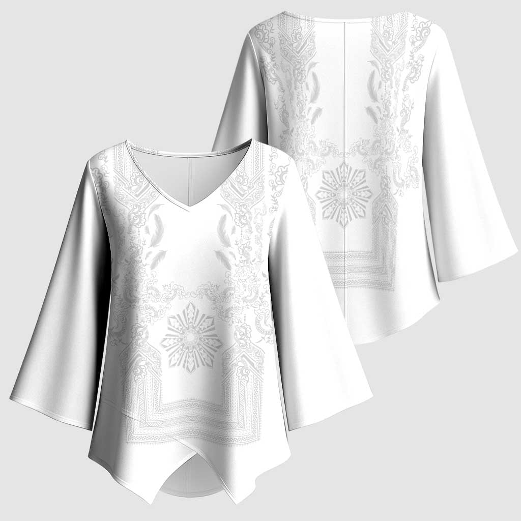 Philippines Barong Style Kimono Sleeve Blouse with Polynesian Art and Leaf Motif White Color LT03 - Polynesian Pride