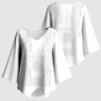 Philippines Barong Style Kimono Sleeve Blouse with Polynesian Art and Leaf Motif White Color LT03 - Polynesian Pride