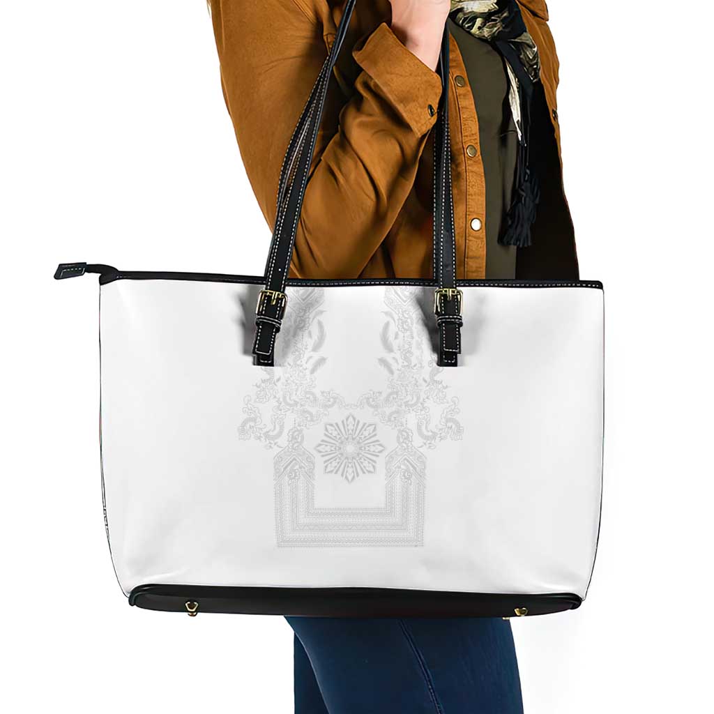 Philippines Barong Style Leather Tote Bag with Polynesian Art and Leaf Motif White Color LT03 - Polynesian Pride