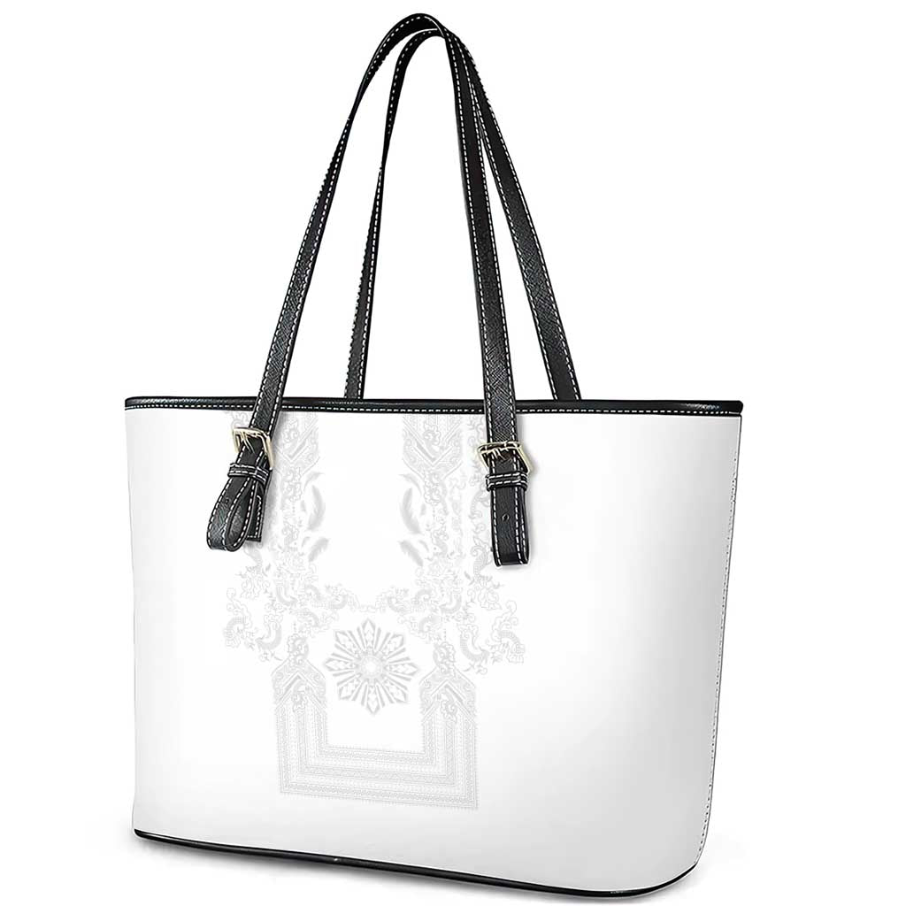 Philippines Barong Style Leather Tote Bag with Polynesian Art and Leaf Motif White Color LT03 - Polynesian Pride
