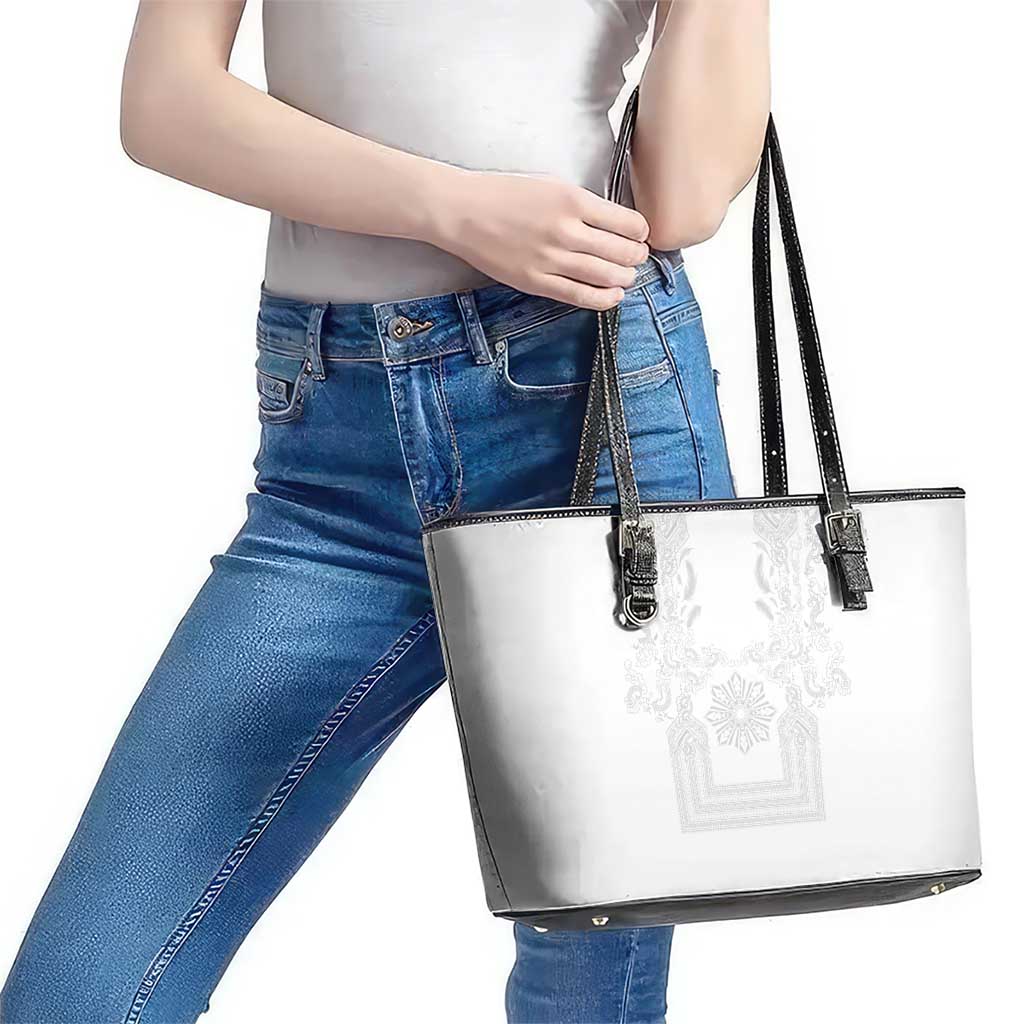 Philippines Barong Style Leather Tote Bag with Polynesian Art and Leaf Motif White Color LT03 - Polynesian Pride