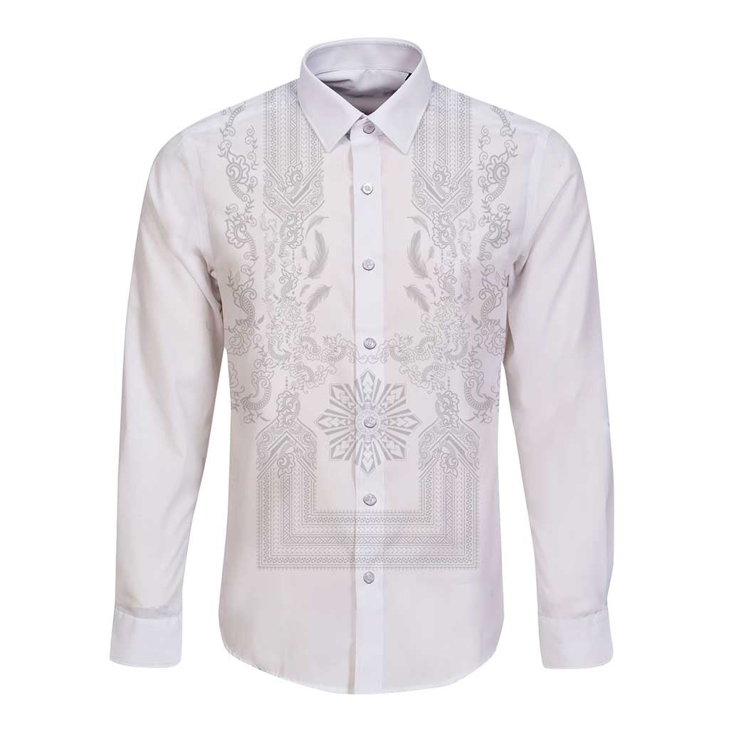 Philippines Barong Style Long Sleeve Button Shirt with Polynesian Art and Leaf Motif White Color