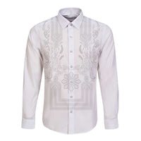 Philippines Barong Style Long Sleeve Button Shirt with Polynesian Art and Leaf Motif White Color LT03 Unisex White - Polynesian Pride