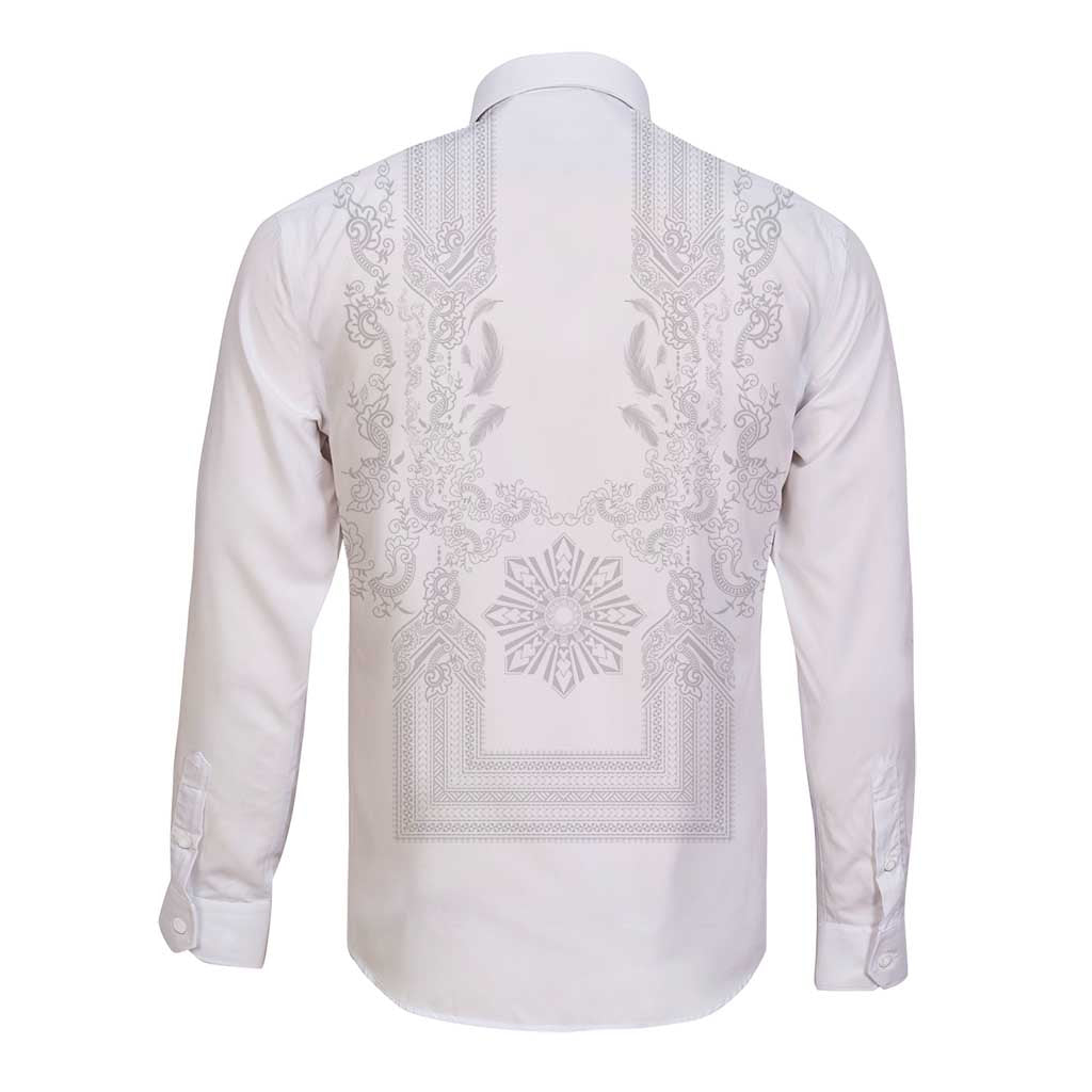 Philippines Barong Style Long Sleeve Button Shirt with Polynesian Art and Leaf Motif White Color LT03 - Polynesian Pride