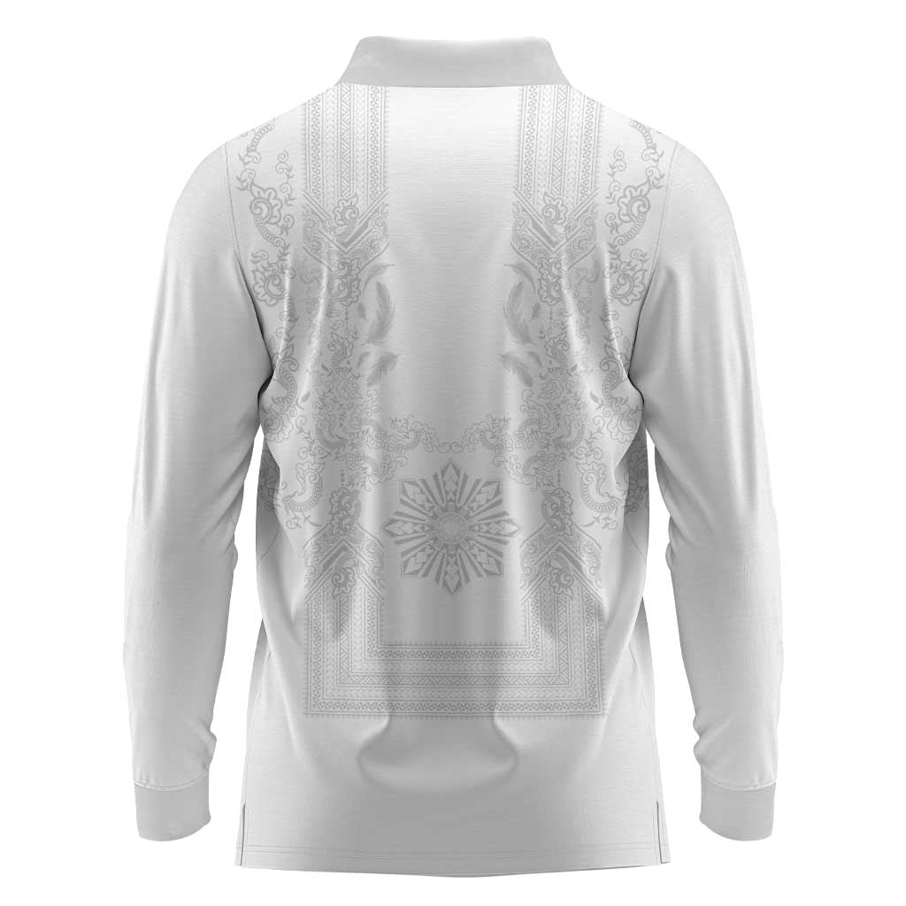 Philippines Barong Style Long Sleeve Polo Shirt with Polynesian Art and Leaf Motif White Color LT03 - Polynesian Pride