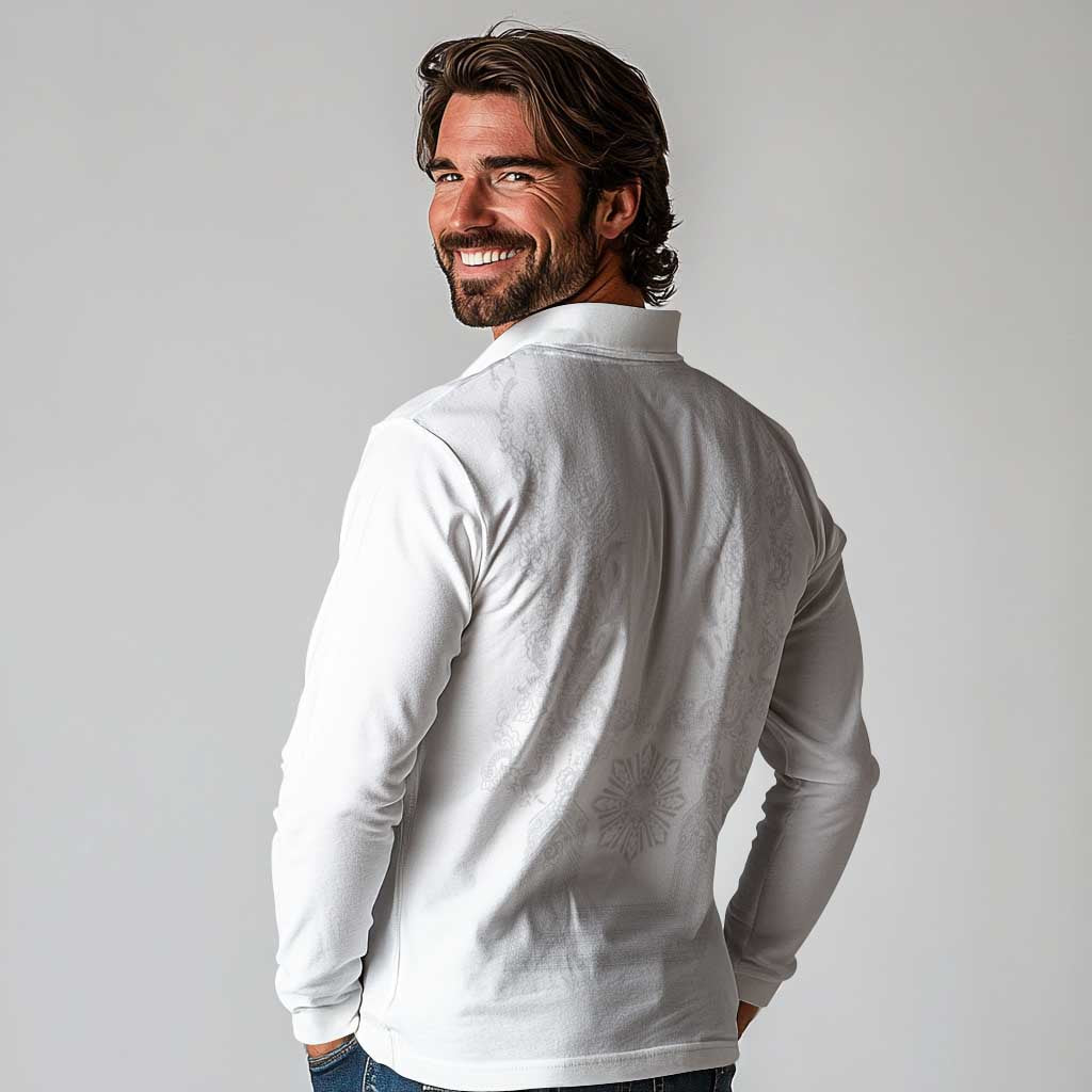 Philippines Barong Style Long Sleeve Polo Shirt with Polynesian Art and Leaf Motif White Color LT03 - Polynesian Pride