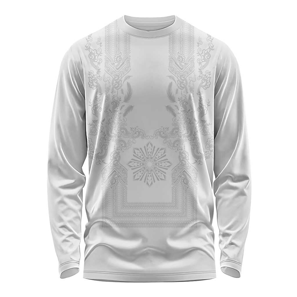 Philippines Barong Style Long Sleeve Shirt with Polynesian Art and Leaf Motif White Color LT03 Unisex White - Polynesian Pride