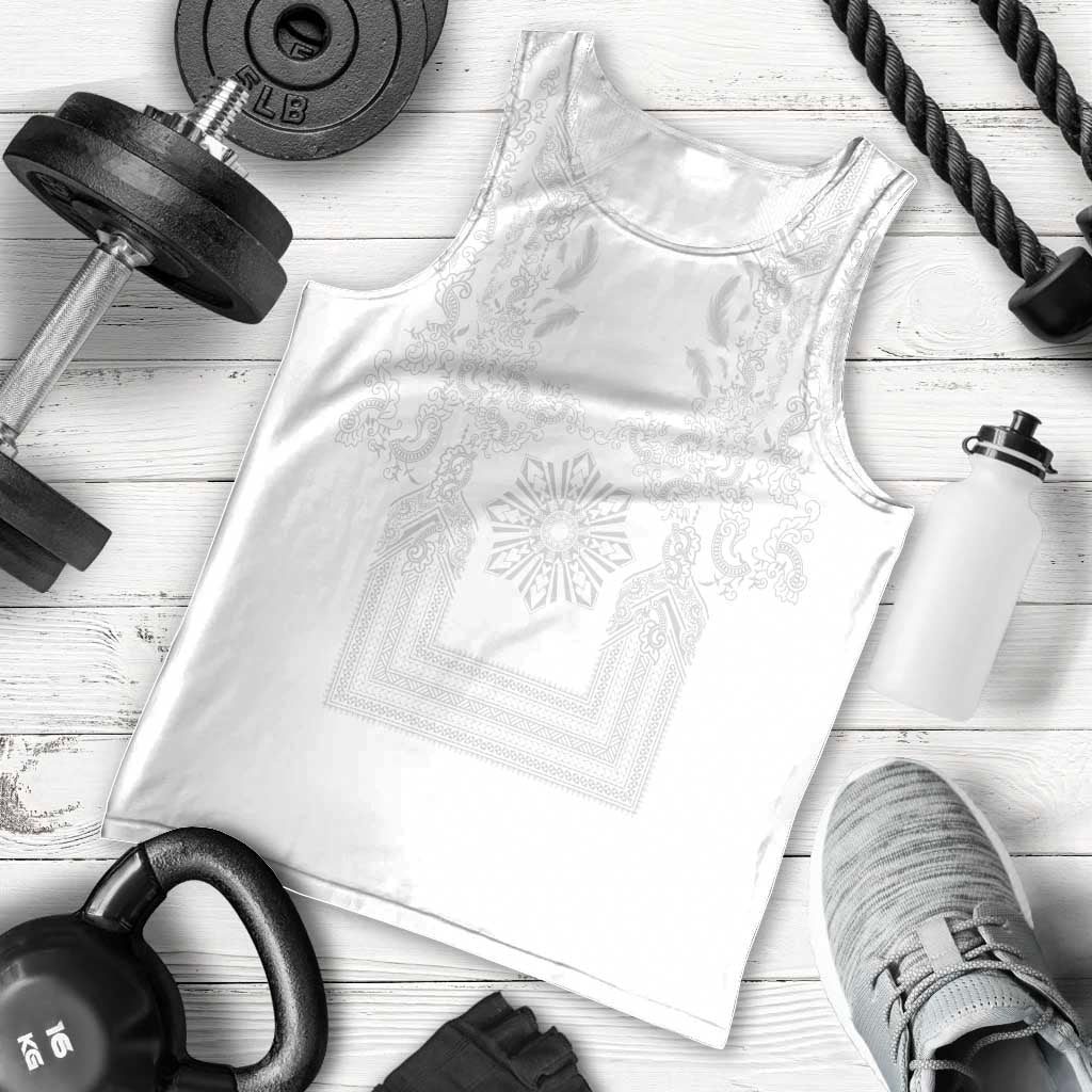 Philippines Barong Style Men Tank Top with Polynesian Art and Leaf Motif White Color LT03 - Polynesian Pride