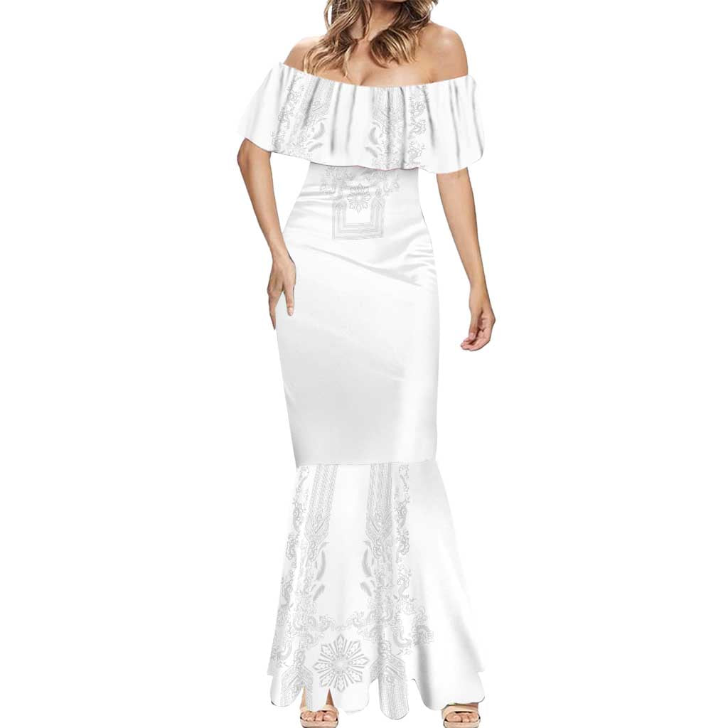 Philippines Barong Style Mermaid Dress with Polynesian Art and Leaf Motif White Color LT03 - Polynesian Pride