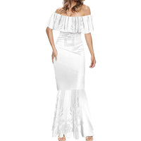 Philippines Barong Style Mermaid Dress with Polynesian Art and Leaf Motif White Color LT03 - Polynesian Pride