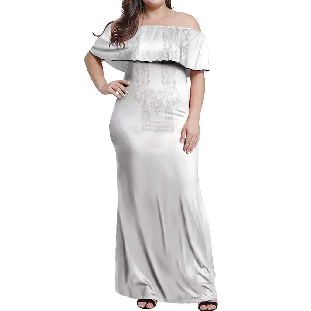 Philippines Barong Style Off Shoulder Maxi Dress with Polynesian Art and Leaf Motif White Color