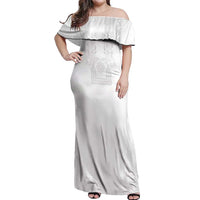 Philippines Barong Style Off Shoulder Maxi Dress with Polynesian Art and Leaf Motif White Color