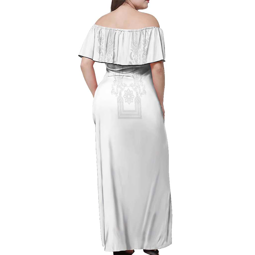 Philippines Barong Style Off Shoulder Maxi Dress with Polynesian Art and Leaf Motif White Color